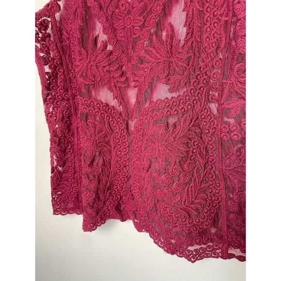 Express Sheer Lace Top Womens Medium Embroidered Whimsical Fairy Burgundy Blouse - Picture 5 of 12